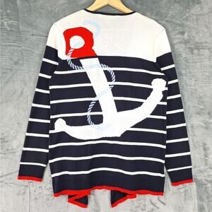 Womens Cardigan Small Nautical Fisherman Sailor Chic Navy Anchor Summer Vacation